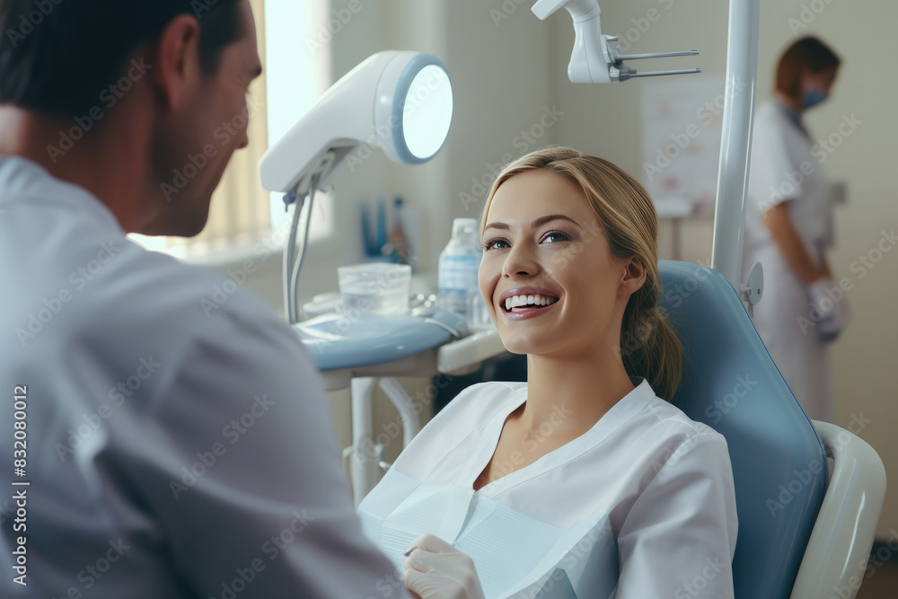Portrait of a happy young woman with a beautiful smile, white, clean, even teeth in the dentist’s office in a modern clinic. Concept of teeth cleaning, dental treatment, oral cavity examination Portrait of a happy young woman with a beautiful smile, white, clean, even teeth in the dentist’s office in a modern clinic. Concept of teeth cleaning, dental treatment, oral cavity examination