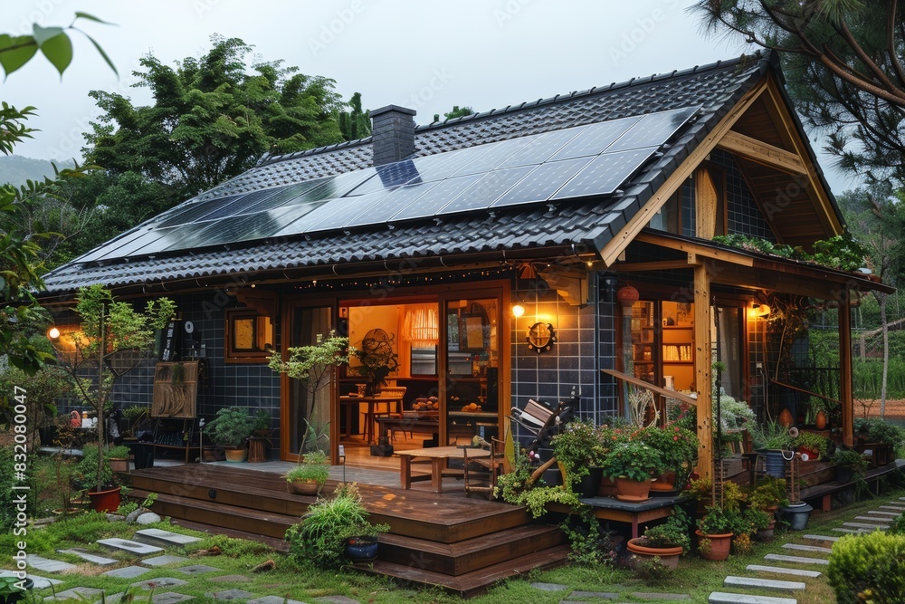 A quaint rural house nestled amidst lush greenery, its roof adorned with solar panels, blending harmoniously with the serene natural surroundings.