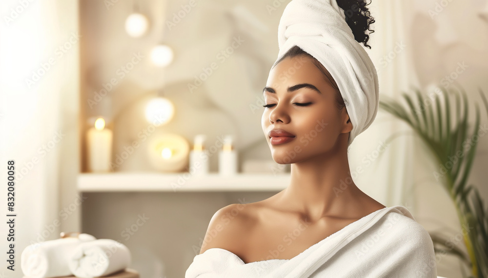 Elegant portrait of a woman enjoying a relaxing spa experience, wrapped in a towel with a serene expression, ideal for beauty, wellness, and lifestyle themes.
Elegant portrait of a woman enjoying a relaxing spa experience, wrapped in a towel with a serene expression, ideal for beauty, wellness, and lifestyle themes.