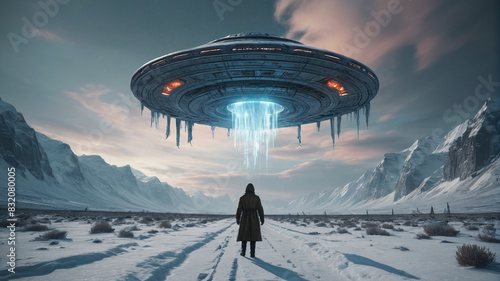 A lone figure stands frozen in terror as a massive UFO descends from the sky, its otherworldly presence overwhelming, Generative AI