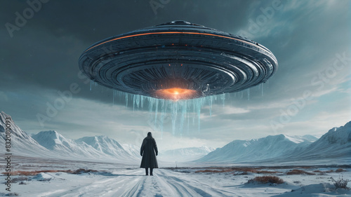 A lone figure stands frozen in terror as a massive UFO descends from the sky, its otherworldly presence overwhelming, Generative AI