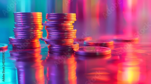 Glowing multicolored background with stacks of silver coins, representing prosperity and creativity. Great for finance and art visuals