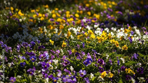 A field dense with wild violets and primroses, creating a lush, multicolored ground cover. 