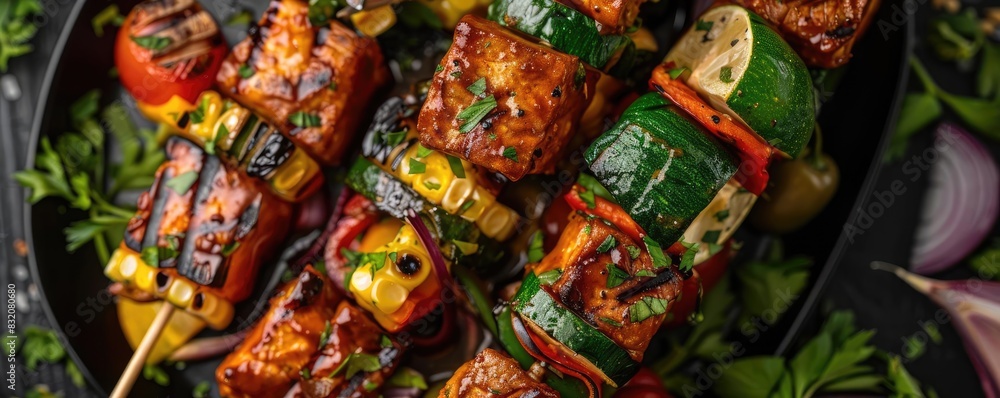 Delicious grilled vegetable and meat skewers on a plate, garnished with fresh herbs, ideal for a summer barbecue or healthy dinner.