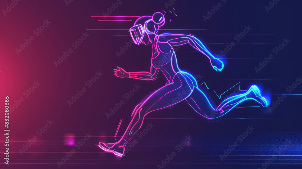 Futuristic woman running in virtual reality with neon effects