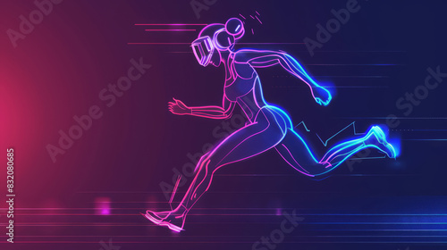Futuristic woman running in virtual reality with neon effects