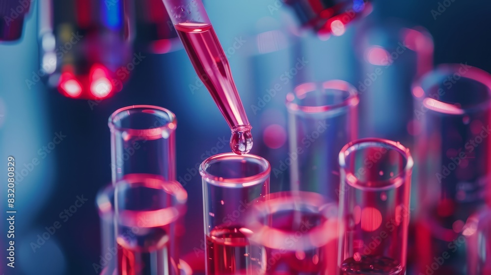 Accurate sample addition with a pipette into a test tube, captured in closeup. Ideal for themes of laboratory precision and scientific accuracy Accurate sample addition with a pipette into a test tube, captured in closeup. Ideal for themes of laboratory precision and scientific accuracy