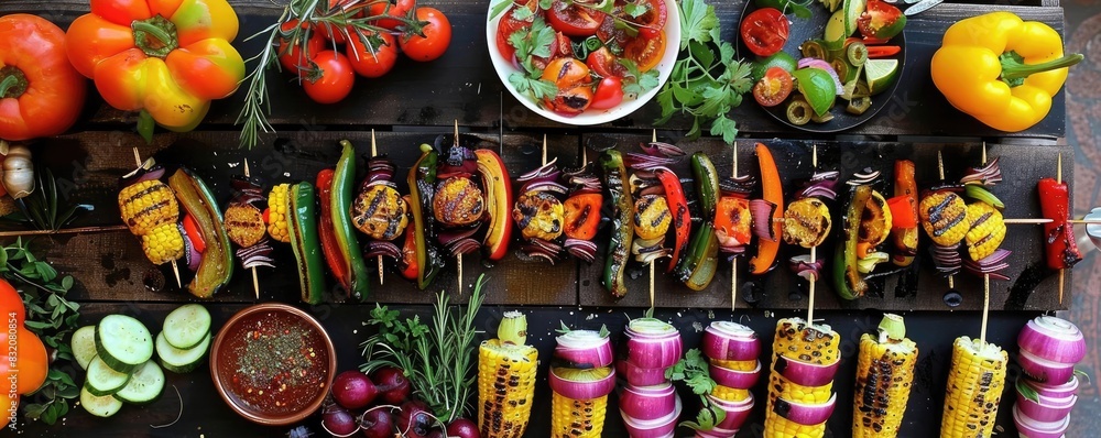 Colorful assortment of grilled vegetables on skewers with fresh herbs, perfect for a summer BBQ or healthy vegan meal.