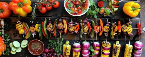 Colorful assortment of grilled vegetables on skewers with fresh herbs, perfect for a summer BBQ or healthy vegan meal. © PBMasterDesign