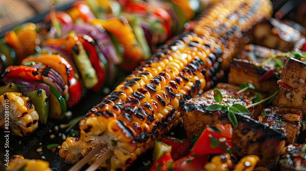 Grilled vegetables and corn on the cob with skewers, featuring vibrant colors and delicious-looking char marks, perfect for summer BBQs.