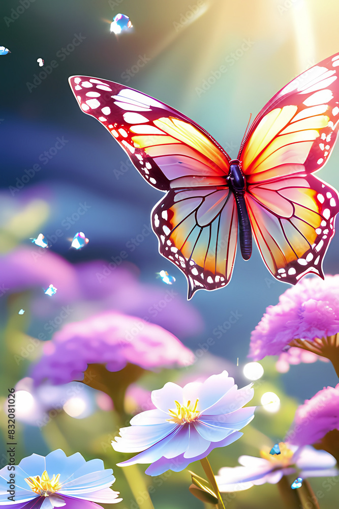 magical glowing butterfly with wide translucent wings in wildflowers magical glowing butterfly with wide translucent wings in wildflowers