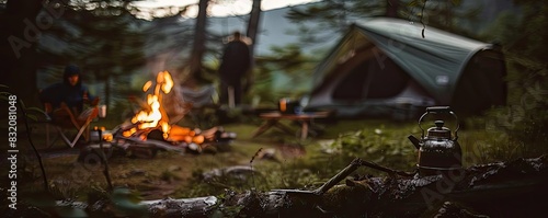 Cozy campsite scene with a tent, campfire, and lantern in a forest setting, capturing the essence of outdoor adventure and nature.