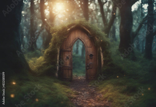 Fantasy enchanted fairy tale forest with magical opening secret door and mystical shine light outsid