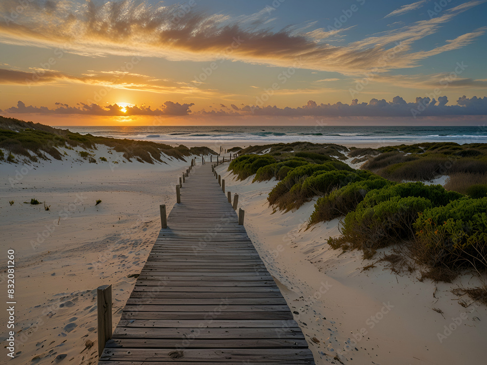 Fototapeta premium Long boardwalk to sunset beach, tranquil path flanked by shrubs, leading to white sands and ocean vistas.