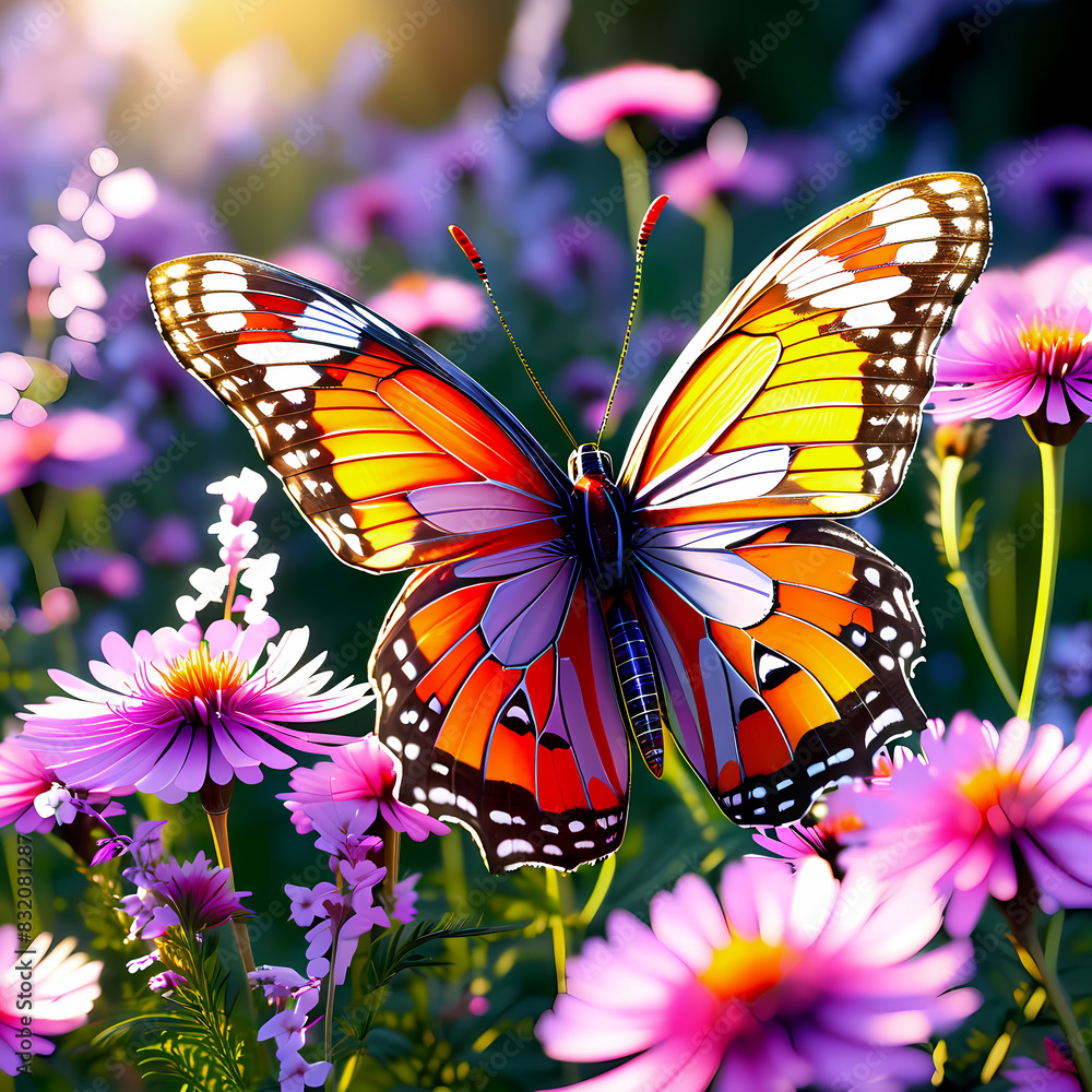 magical glowing butterfly with wide translucent wings in wildflowers magical glowing butterfly with wide translucent wings in wildflowers
