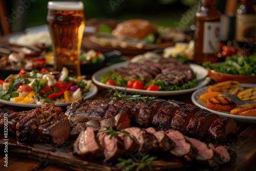 A sumptuous feast featuring grilled meat, fresh salads, and a cold beer on a wooden table, set in an outdoor garden setting.