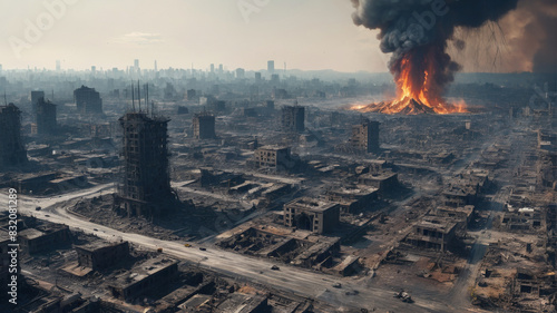 The ruins of cities smoldering in the aftermath of a UFO invasion, a stark reminder of humanity's vulnerability to extraterrestrial threats, Generative AI photo