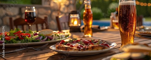 Casual outdoor dining scene with fresh salads, pizzas, and drinks on a rustic table, set against a cozy evening ambiance.