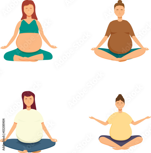 Illustration of calm expecting mothers in various yoga positions promoting wellbeing