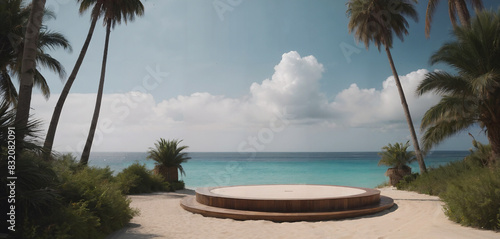 Circular platform on a serene tropical beach setting with palm trees  soft tones  fine details