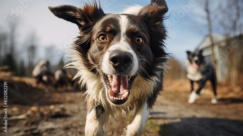 A black and white Border Collie is running with its mouth open and ears flapping.
