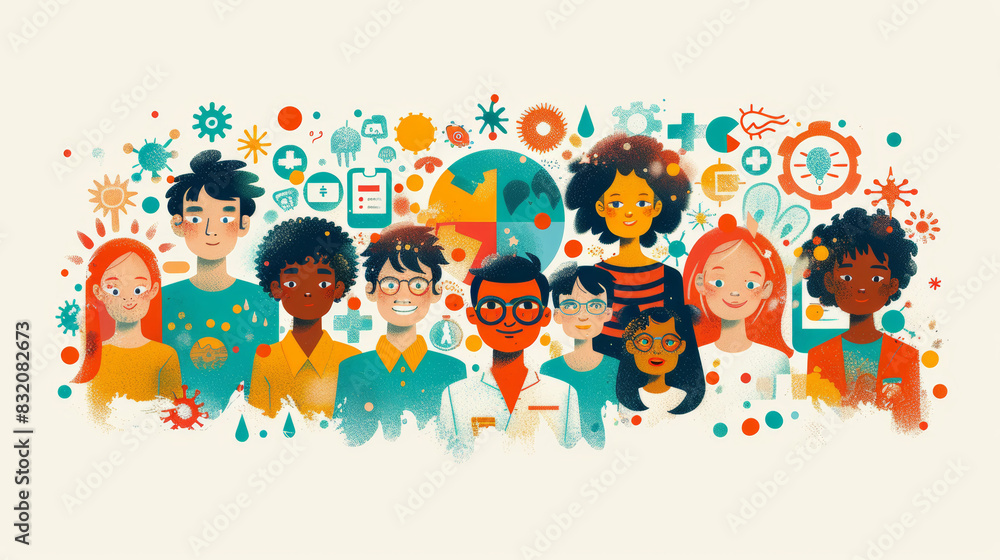 Illustrated diverse group of children and young adults with various scientific and educational icons, representing learning, diversity, and global community Illustrated diverse group of children and young adults with various scientific and educational icons, representing learning, diversity, and global community