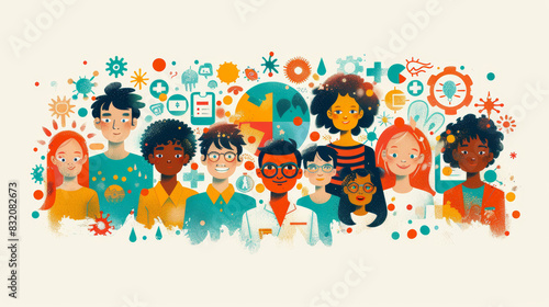 Illustrated diverse group of children and young adults with various scientific and educational icons  representing learning  diversity  and global community