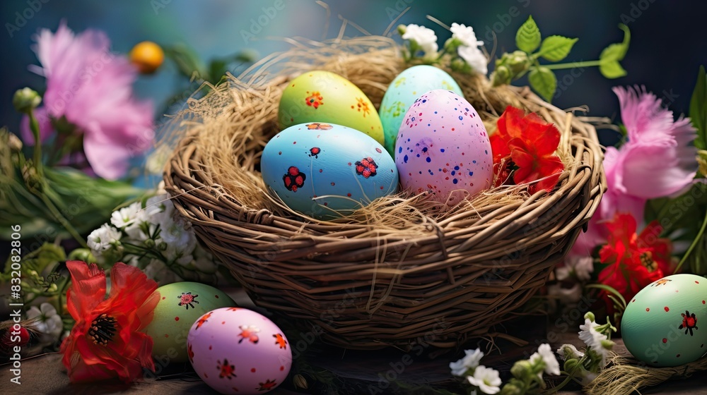 colorful easter eggs in basket . With copy space colorful easter eggs in basket . With copy space