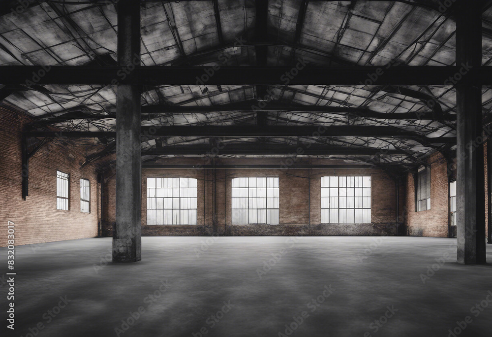 Industrial loft style empty old warehouse interior brick wall concrete floor and black steel roof Industrial loft style empty old warehouse interior brick wall concrete floor and black steel roof