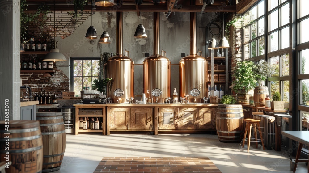 Craft beer brewery interior with copper kettles and wooden barrels Craft beer brewery interior with copper kettles and wooden barrels