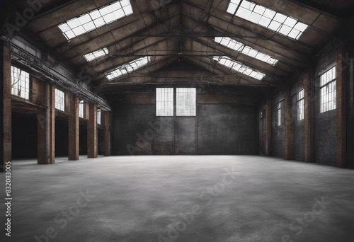 Industrial loft style empty old warehouse interior brick wall concrete floor and black steel roof