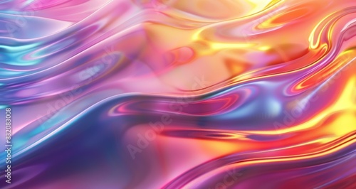 Abstract holographic neon curved wave with vibrant colors, showcasing a fluid, dynamic, and futuristic design on a smooth, glossy surface