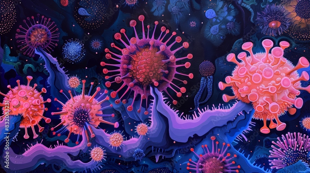 Abstract painting of vibrant virus particles on a dark background, depicting microscopic biology and infection Abstract painting of vibrant virus particles on a dark background, depicting microscopic biology and infection