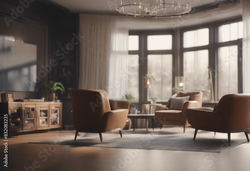Interior of living room with armchair zoom out animation