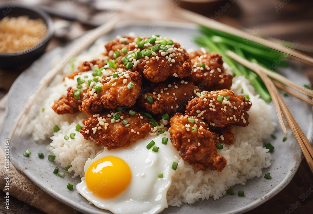 Korean fried chicken over rice topped with egg sesame seeds and green onion Korean fried chicken over rice topped with egg sesame seeds and green onion