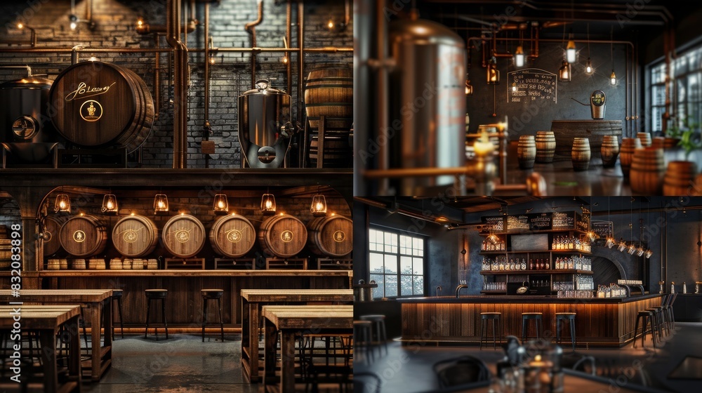 Industrial interior of a distillery with copper stills and wooden barrels Industrial interior of a distillery with copper stills and wooden barrels