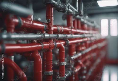 Main supply water piping in the fire extinguishing system Fire sprinkler system with red pipes Fire