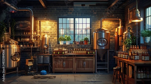 interior of a rustic distillery with wooden shelves and copper stills photo