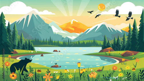 Scenic mountain landscape with lake, forest, and wildlife