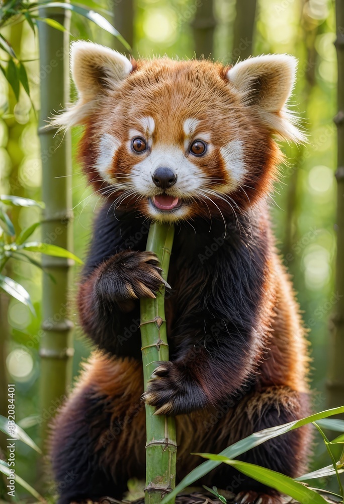 Fototapeta premium Red Panda Holding Bamboo in a Lush Green Forest