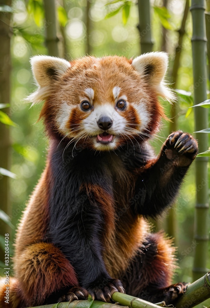 Fototapeta premium Cute Red Panda Sitting on a Bamboo Branch