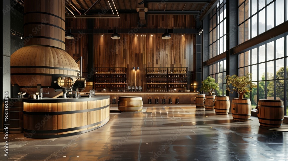 Modern spacious distillery interior with wooden walls and large glass windows Modern spacious distillery interior with wooden walls and large glass windows
