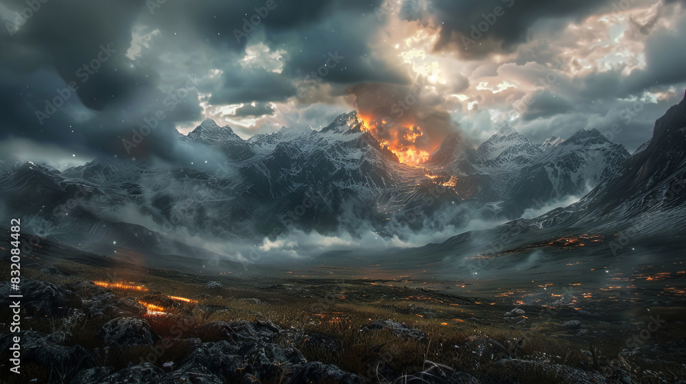 Dramatic mountain landscape with fire and stormy skies