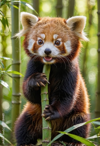 Red Panda Holding Bamboo in a Lush Green Forest