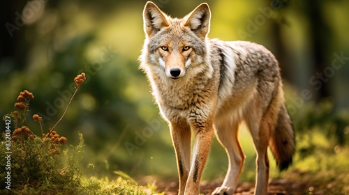 A coyote is standing on all fours in a field, looking at the camera. photo