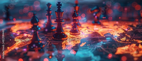 Chess pieces on a world map, representing geopolitics, digital watercolor, soft and detailed, high contrast, strategic mood