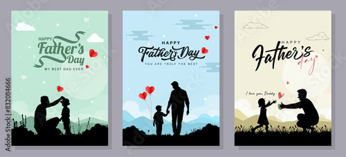 Happy Father's Day with dad and children silhouettes. Vector greeting card with a nice message of Father's Day. 
 photo