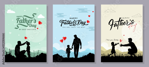 Happy Father's Day with dad and children silhouettes. Vector greeting card with a nice message of Father's Day. 
