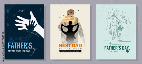 Happy Father's Day with dad and children silhouettes. Vector greeting card with a nice message of Father's Day. 
