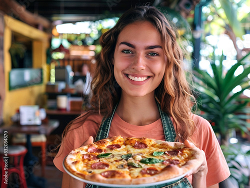Woman holding a fresh pizza in a cozy restaurant setting
